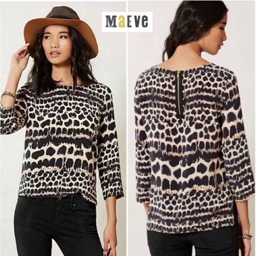 Maeve Anthropologie Linosa Silk Top/Blouse Women's Size X-Small Animal Print